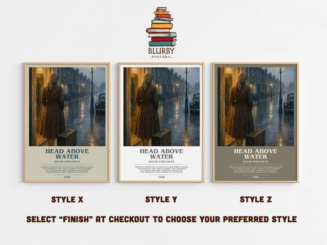 Head above water bookish print in frame leaning in hallway – memoir wall art (mockup)