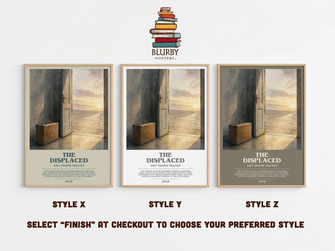 The Displaced bookish print in frame leaning in hallway – non fiction wall art (mockup)