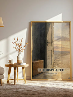 The Displaced watercolour print in frame leaning in hallway – non fiction wall art
