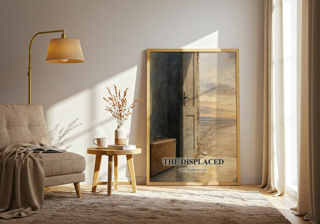 The Displaced watercolour print in frame leaning in hallway – non fiction wall art