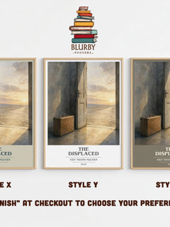 The Displaced book cover print in frame leaning in hallway – non fiction wall art