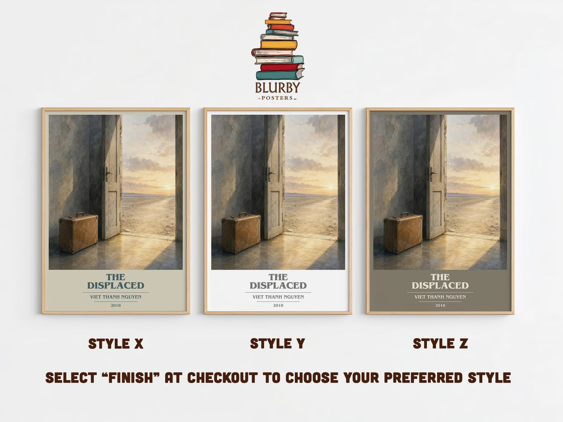 The Displaced book cover print in frame leaning in hallway – non fiction wall art (mockup)