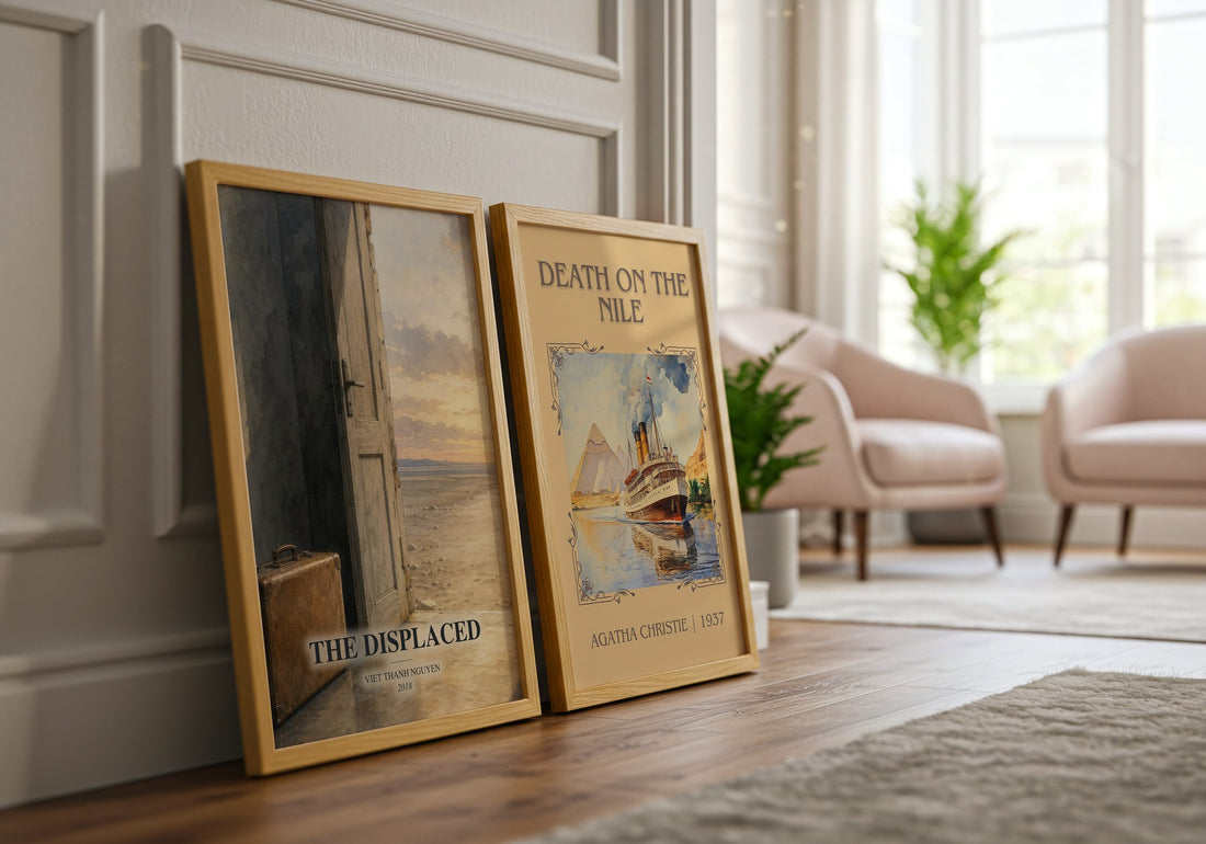 The Displaced watercolour print framed by window – literary home decor