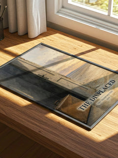 The Displaced watercolour book poster framed on wall – non fiction wall art