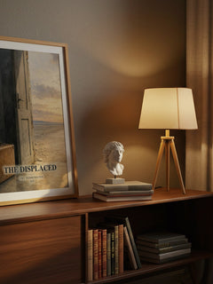 The Displaced watercolour print on bookshelf – Viet Thanh Nguyen fan gift
