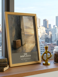 The Displaced book cover print framed by window – literary home decor
