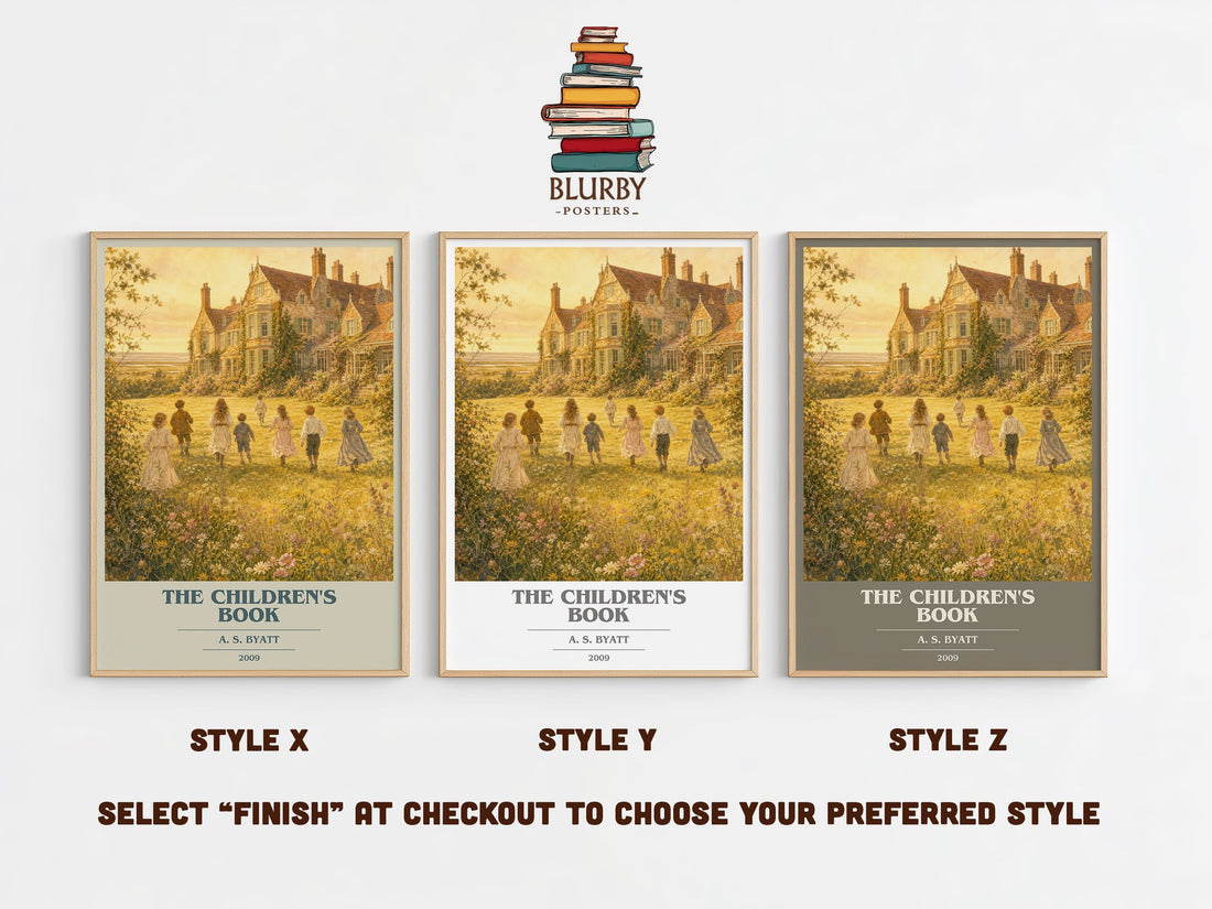 The Children's Book book cover print in frame leaning in hallway – historical fiction wall art (mockup)