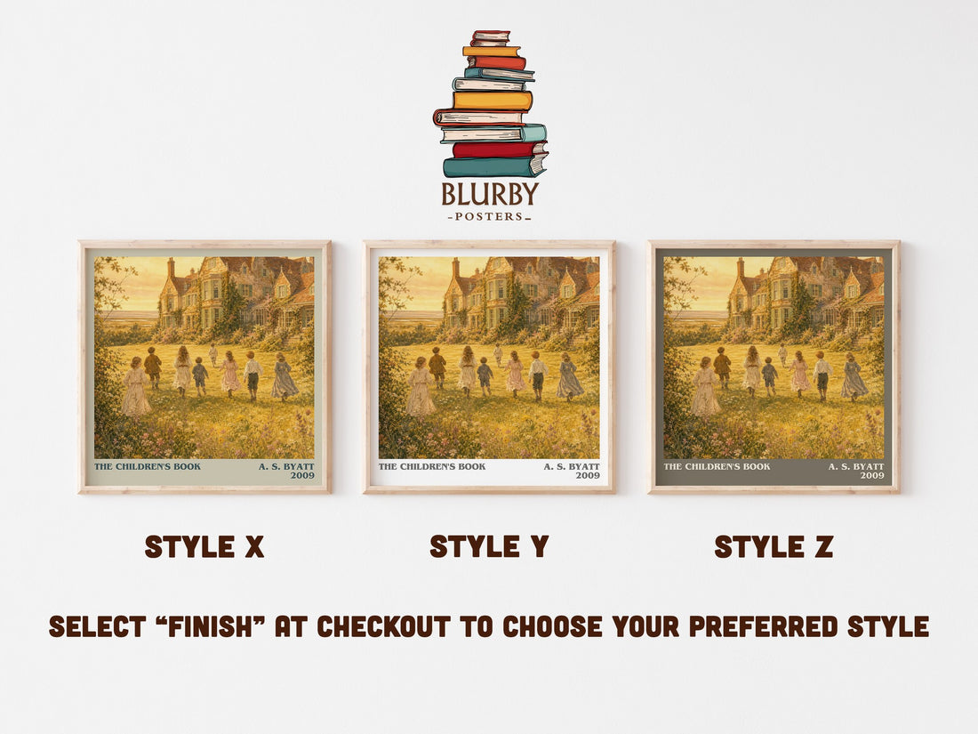 The Children's Book literary print in frame leaning in hallway – historical fiction wall art (mockup)