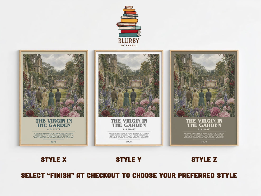 The virgin in the garden bookish print in frame leaning in hallway – literary fiction wall art (mockup)