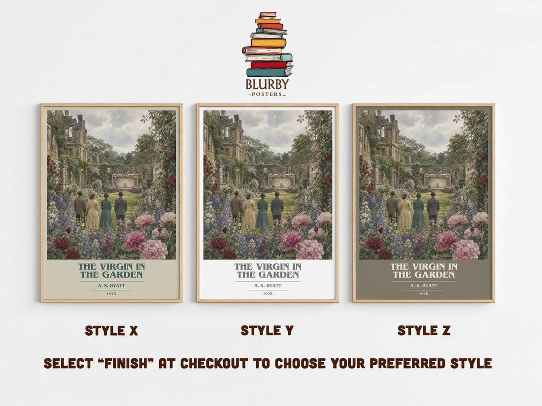 The virgin in the garden book cover print in frame leaning in hallway – literary fiction wall art (mockup)