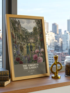 The virgin in the garden book cover print framed by window – literary home decor