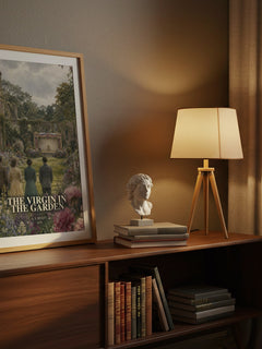The virgin in the garden watercolour print on bookshelf – A. S. Byatt fan gift