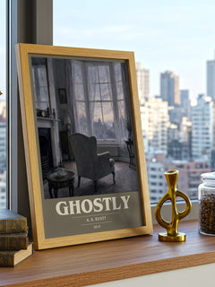 Ghostly book cover print framed by window – literary home decor