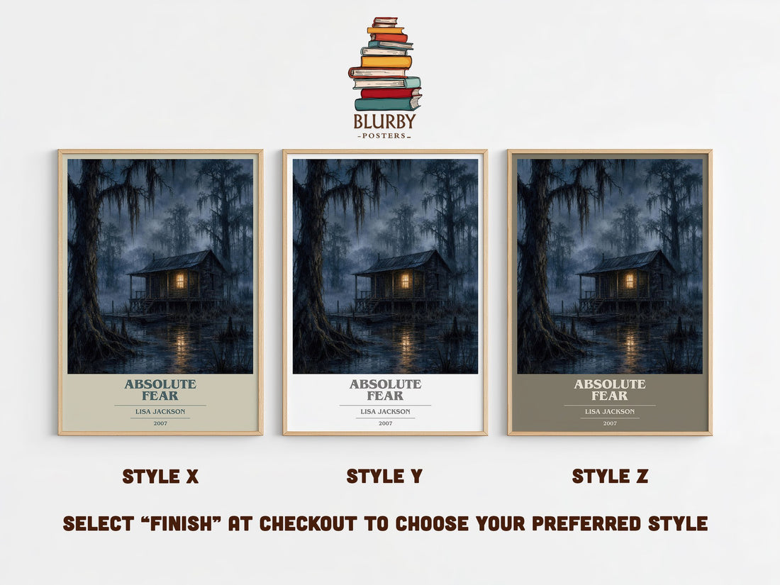 Absolute Fear book cover print in frame leaning in hallway – thriller wall art (mockup)