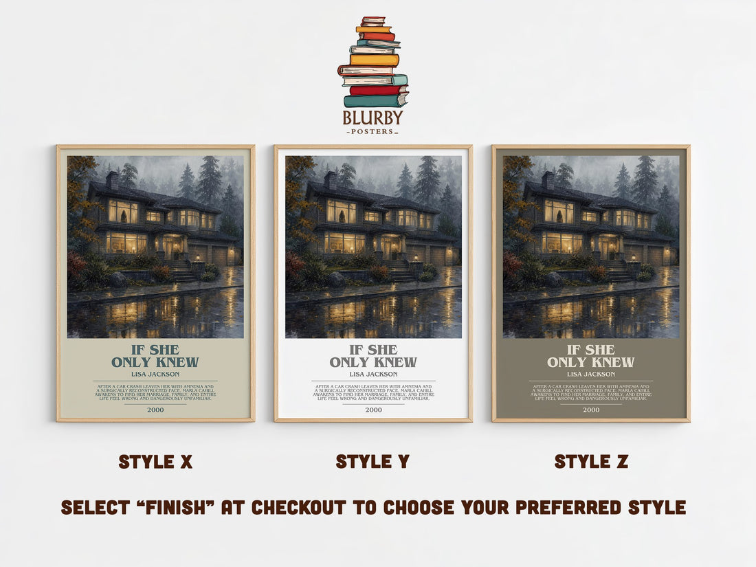 If She Only Knew bookish print in frame leaning in hallway – thriller wall art (mockup)