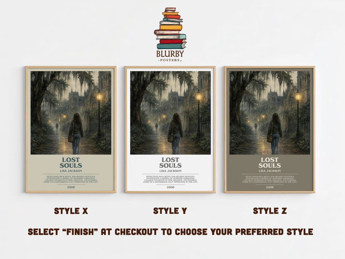 Lost Souls bookish print in frame leaning in hallway – thriller wall art (mockup)