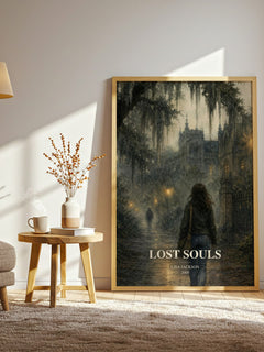 Lost Souls watercolour print in frame leaning in hallway – thriller wall art