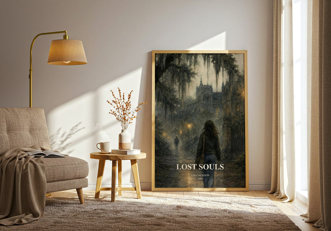 Lost Souls watercolour print in frame leaning in hallway – thriller wall art