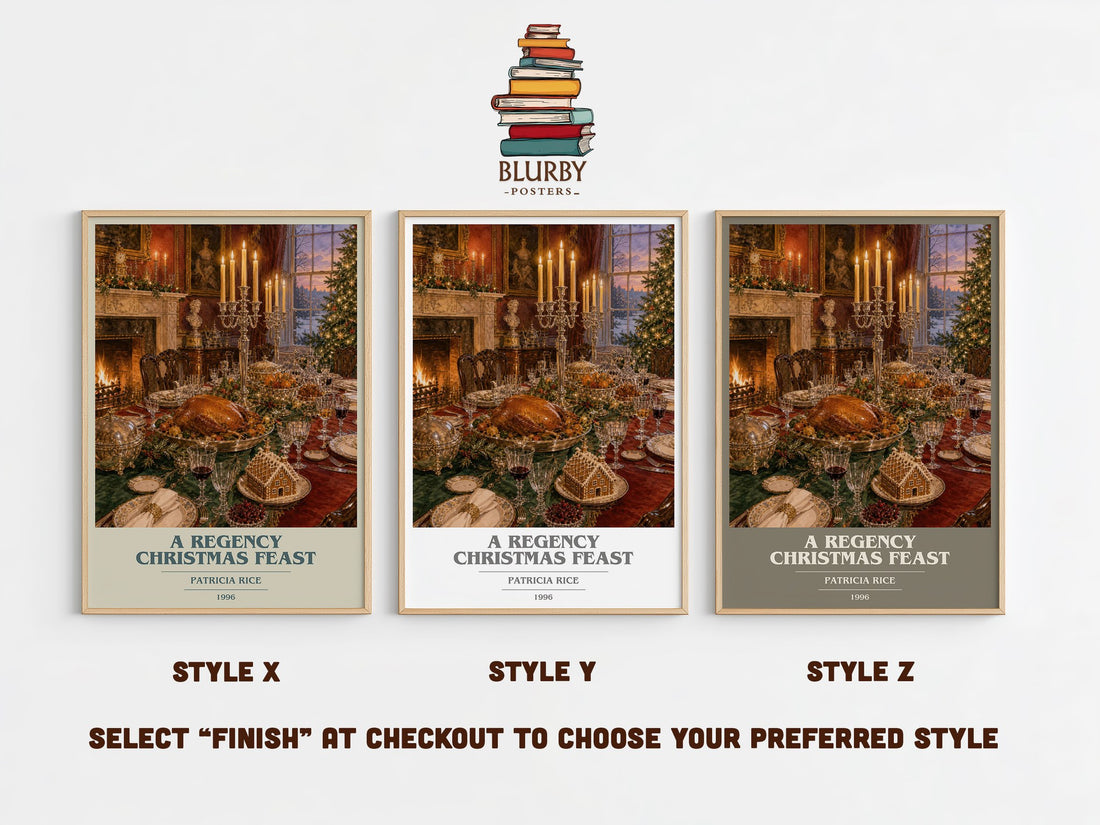 A Regency Christmas Feast book cover print in frame leaning in hallway – romance wall art (mockup)