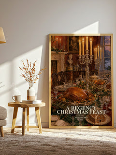 A Regency Christmas Feast watercolour print in frame leaning in hallway – romance wall art