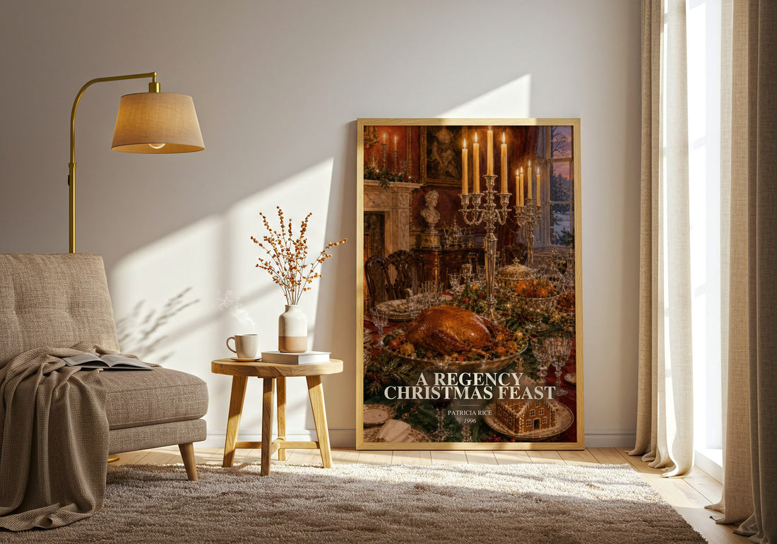 A Regency Christmas Feast watercolour print in frame leaning in hallway – romance wall art