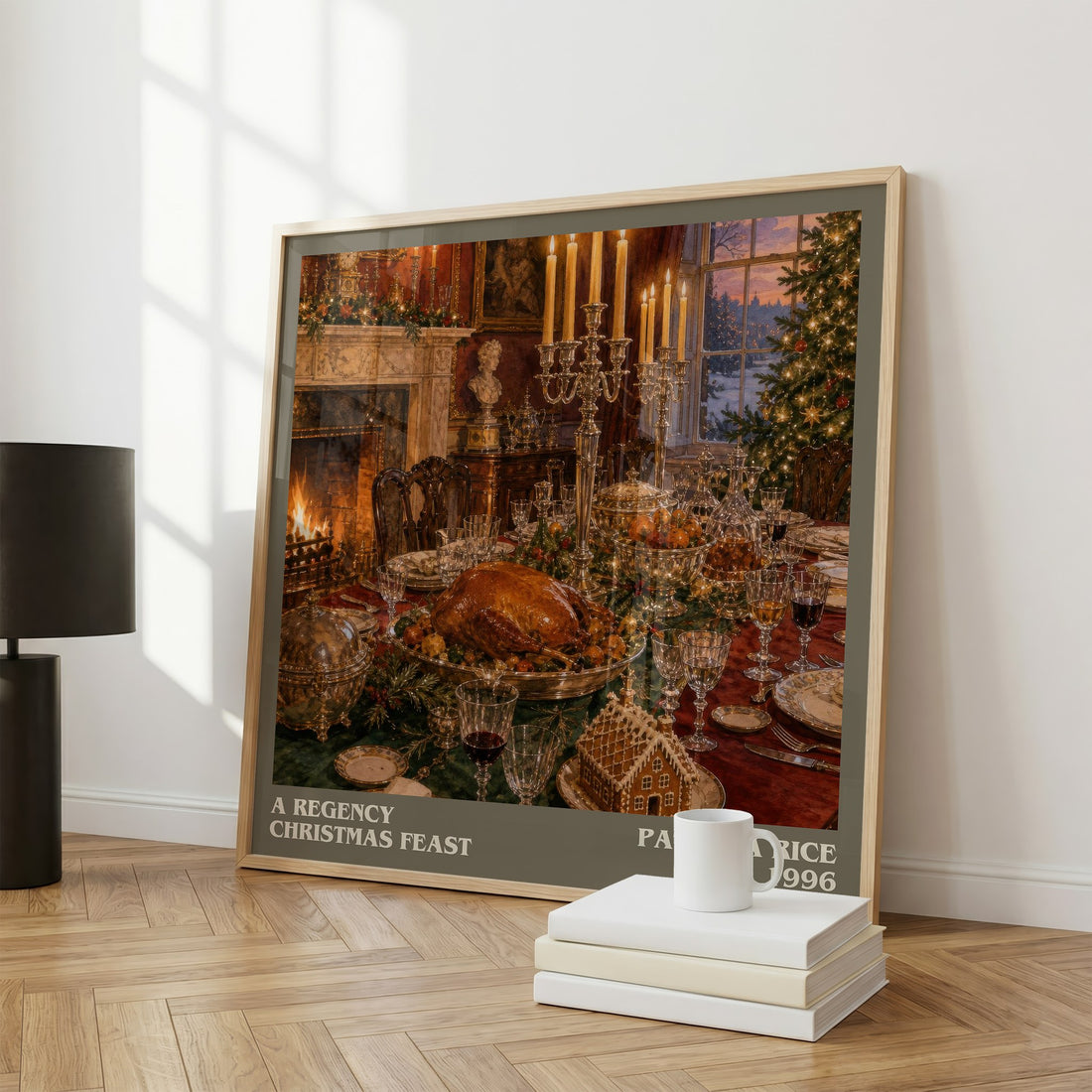 A Regency Christmas Feast literary print framed by window – literary home decor