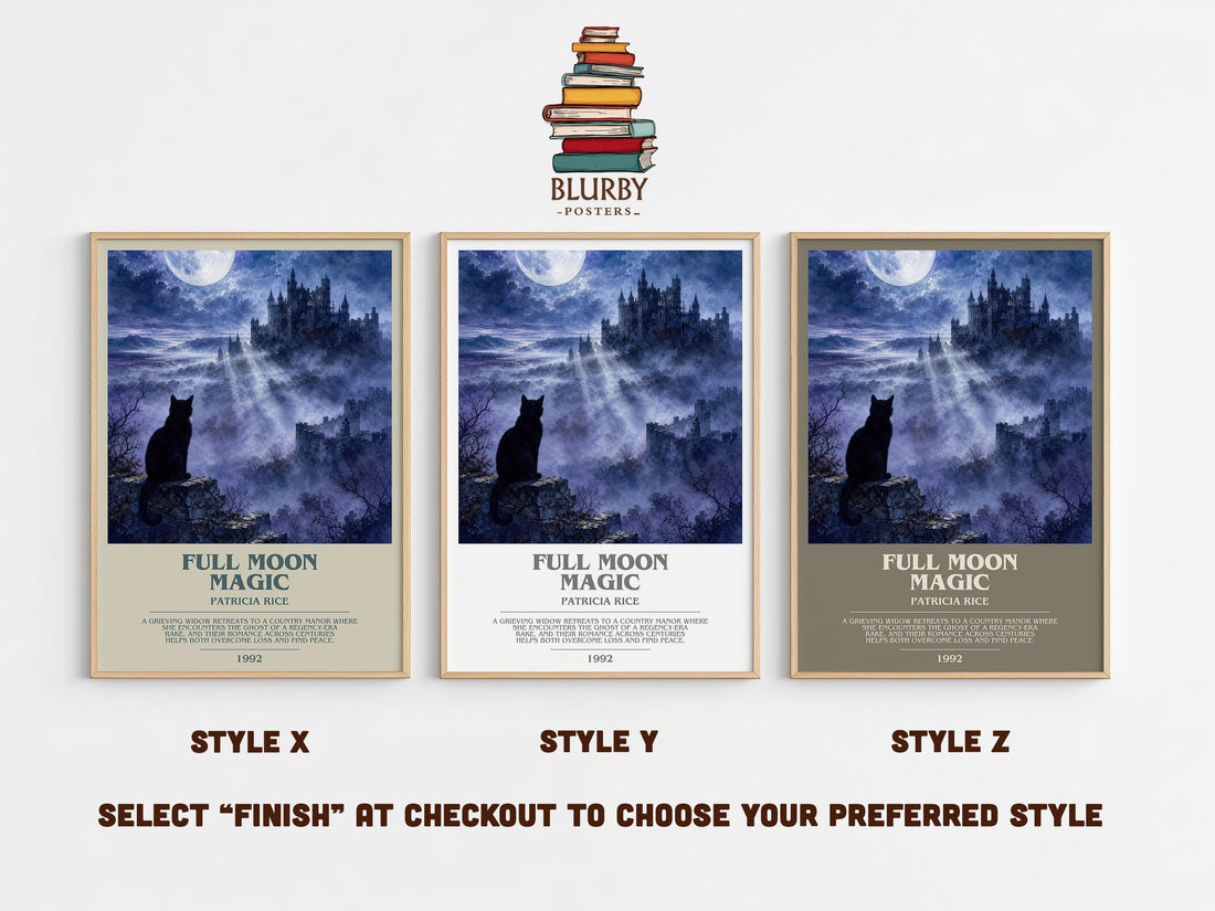 Full Moon Magic bookish print in frame leaning in hallway – romance wall art (mockup)