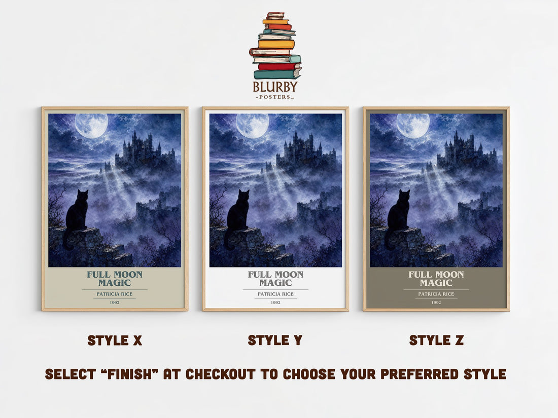 Full Moon Magic book cover print in frame leaning in hallway – romance wall art (mockup)