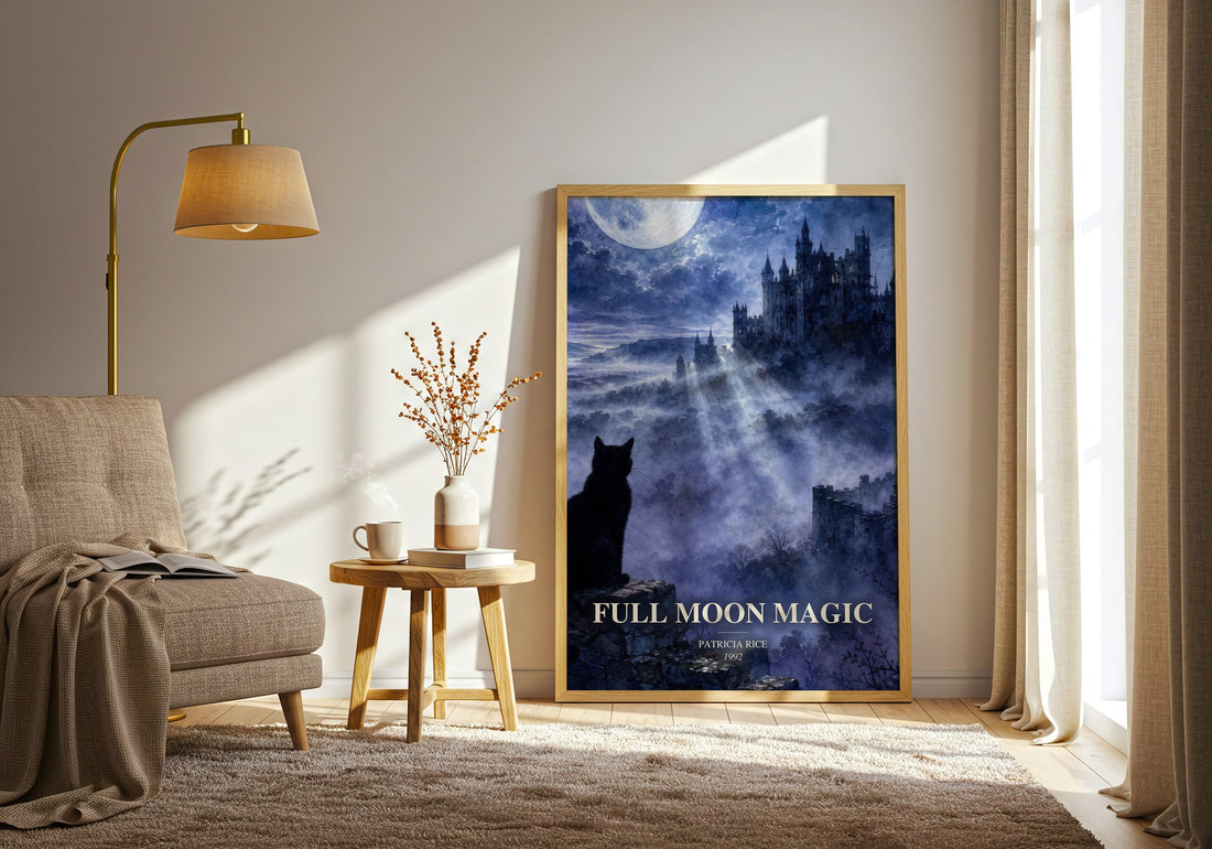 Full Moon Magic watercolour print in frame leaning in hallway – romance wall art