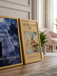 Full Moon Magic watercolour print framed by window – literary home decor