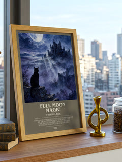 Full Moon Magic bookish print framed by window – literary home decor