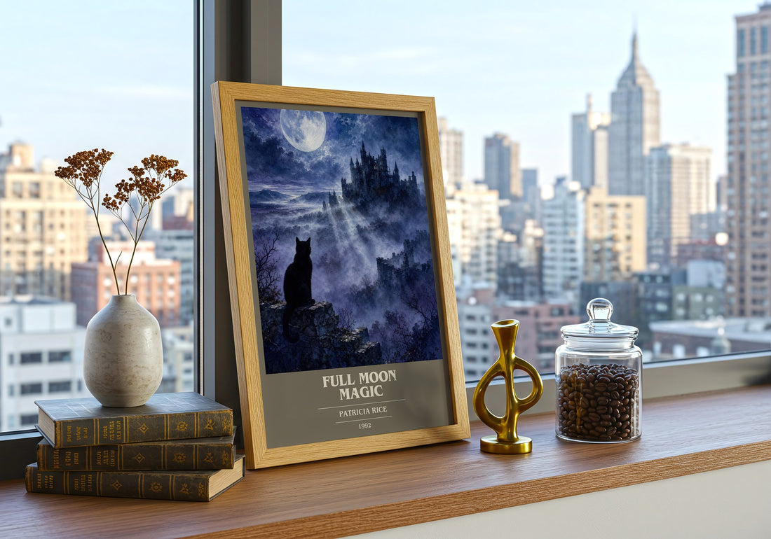 Full Moon Magic book cover print framed by window – literary home decor