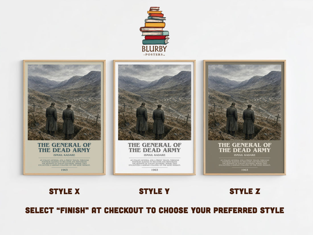 The General of the Dead Army bookish print in frame leaning in hallway – literary fiction wall art (mockup)