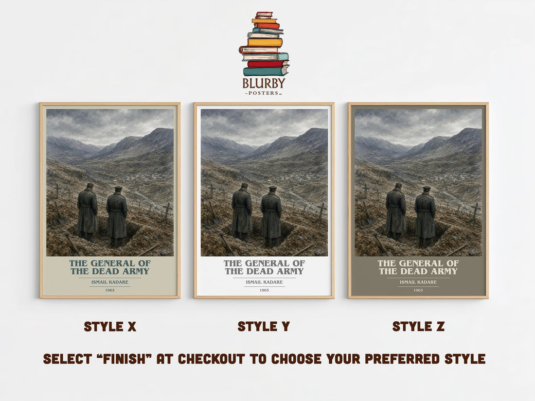 The General of the Dead Army book cover print in frame leaning in hallway – literary fiction wall art (mockup)