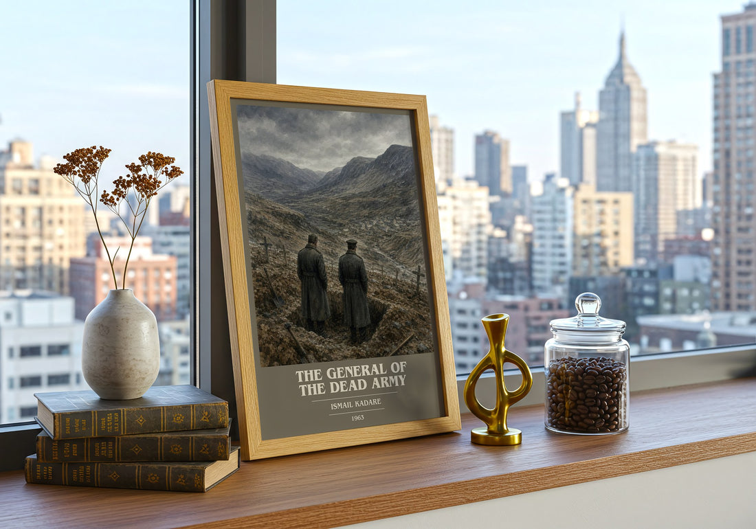 The General of the Dead Army book cover print framed by window – literary home decor