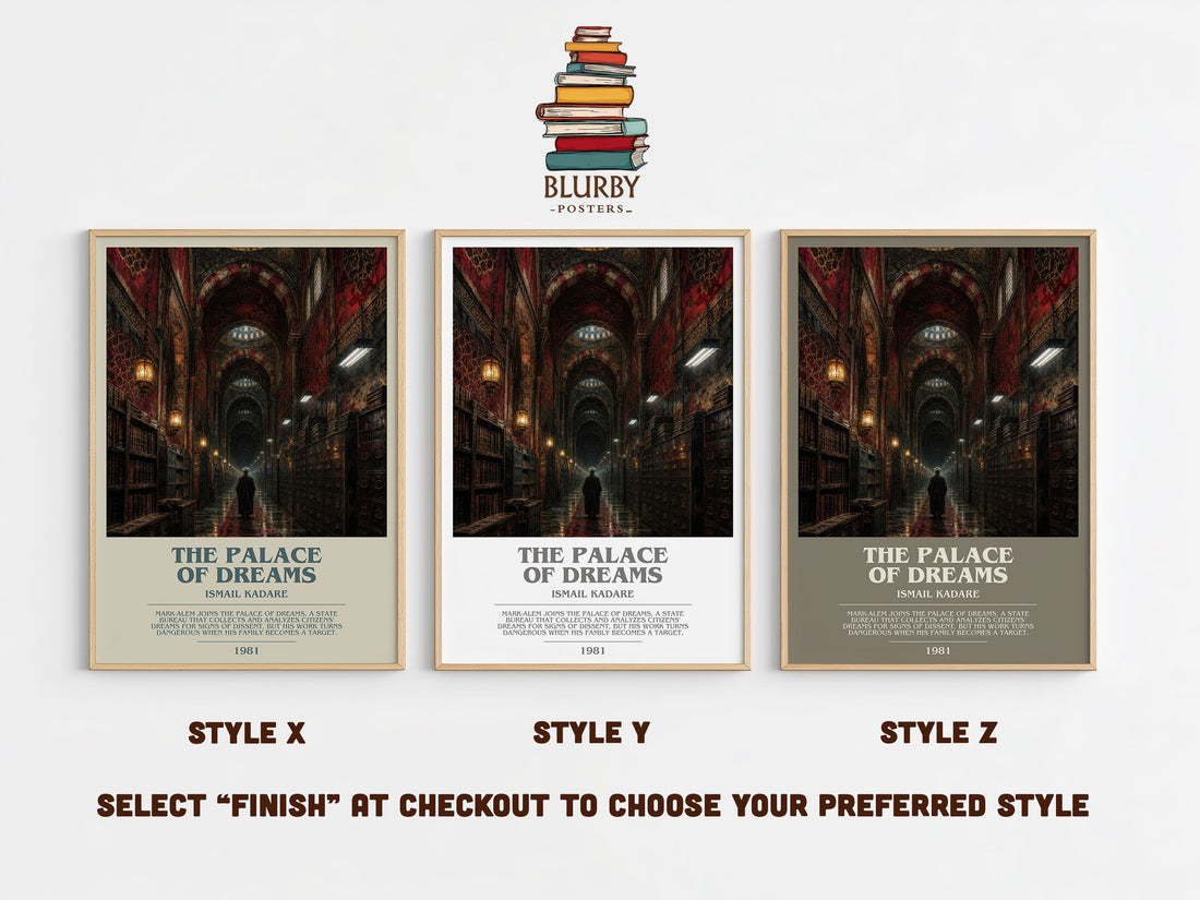 The Palace of Dreams bookish print in frame leaning in hallway – literary fiction wall art (mockup)
