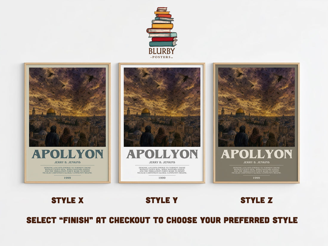 Apollyon bookish print in frame leaning in hallway – thriller wall art (mockup)