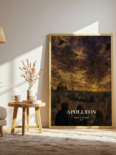 Apollyon watercolour print in frame leaning in hallway – thriller wall art