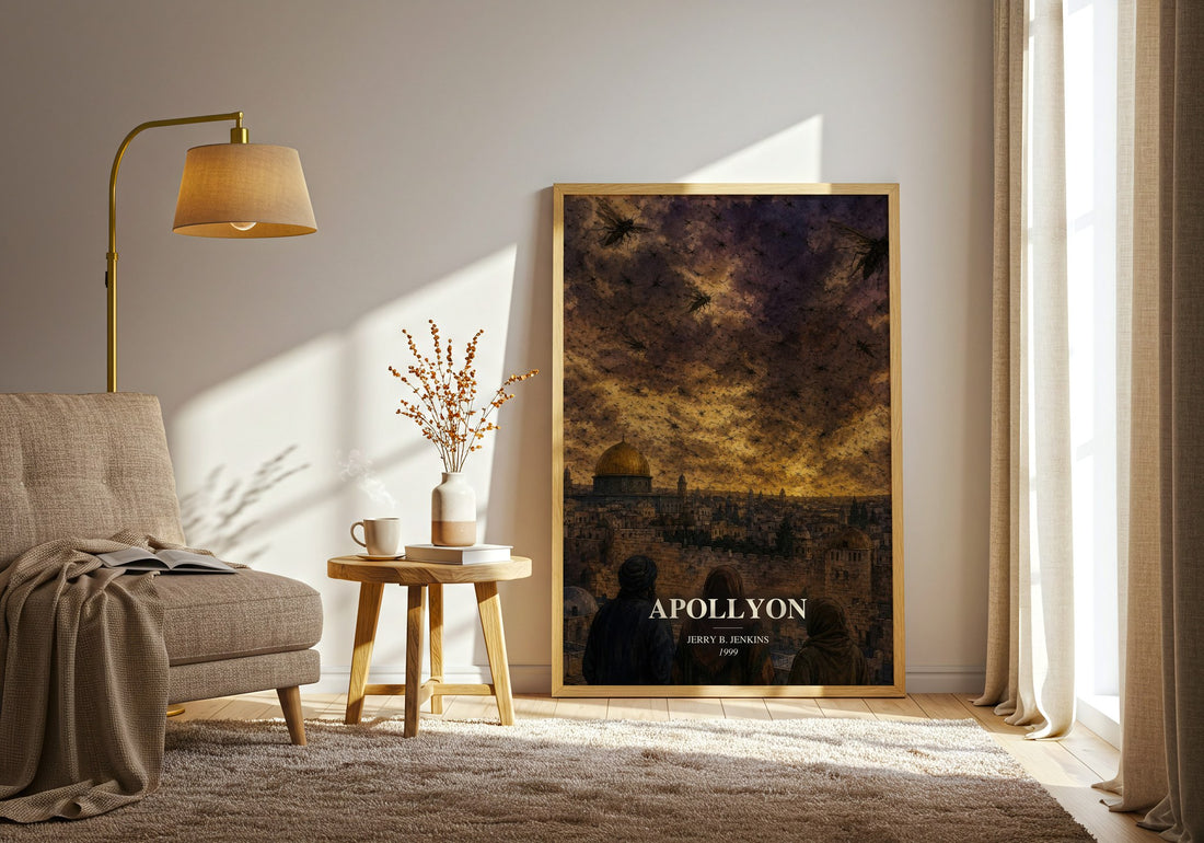 Apollyon watercolour print in frame leaning in hallway – thriller wall art