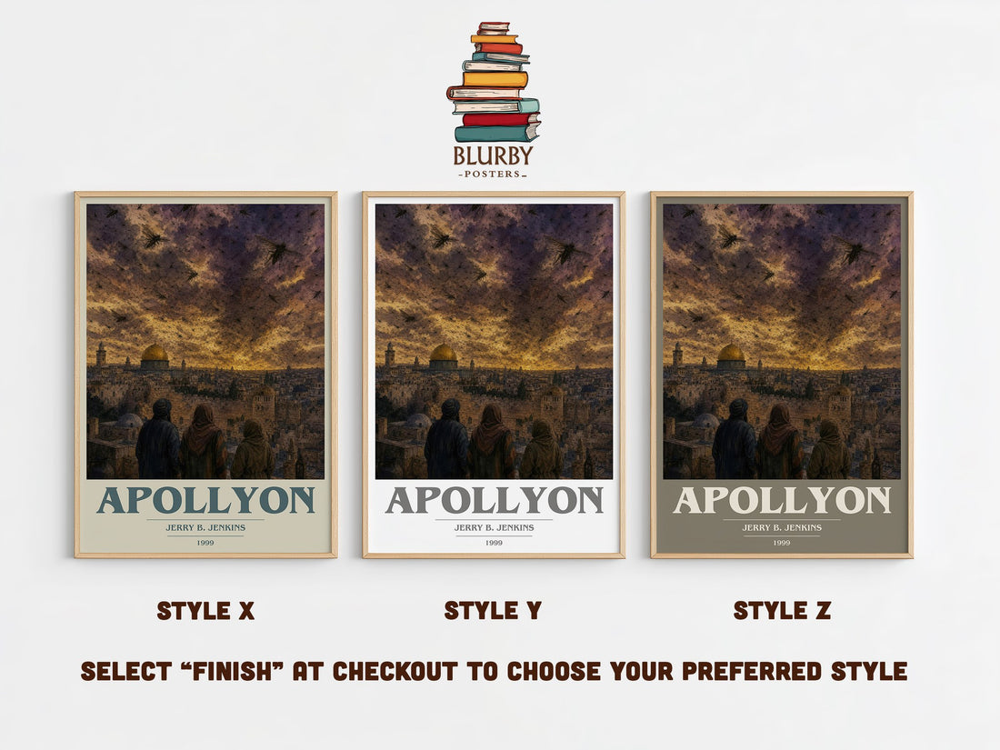 Apollyon book cover print in frame leaning in hallway – thriller wall art (mockup)