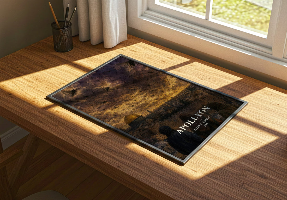 Apollyon watercolour book poster framed on wall – thriller wall art