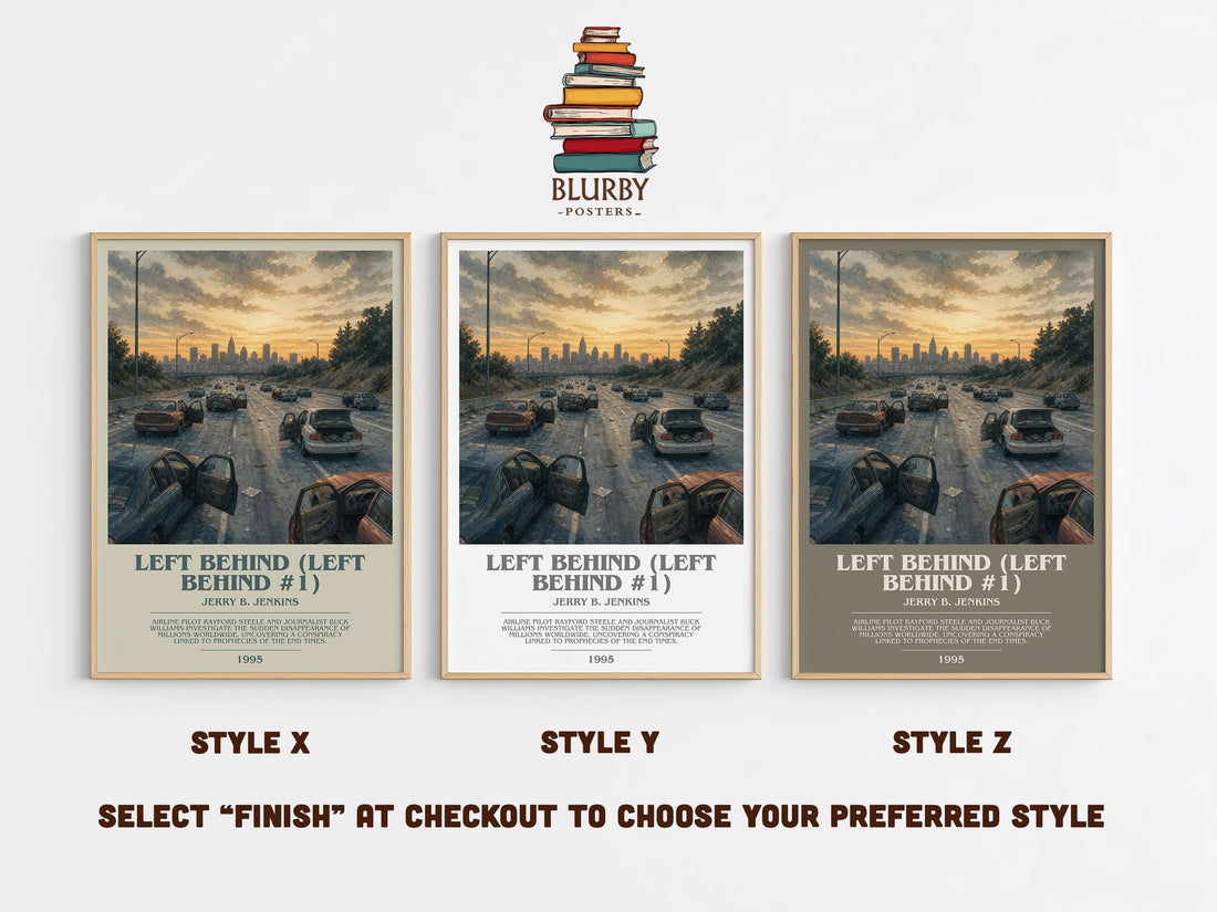 Left Behind (Left Behind #1) bookish print in frame leaning in hallway – thriller wall art (mockup)