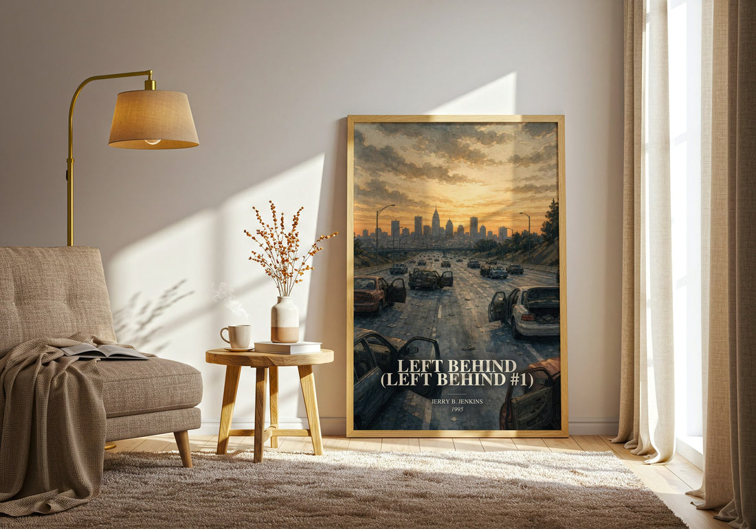 Left Behind (Left Behind #1) watercolour print in frame leaning in hallway – thriller wall art