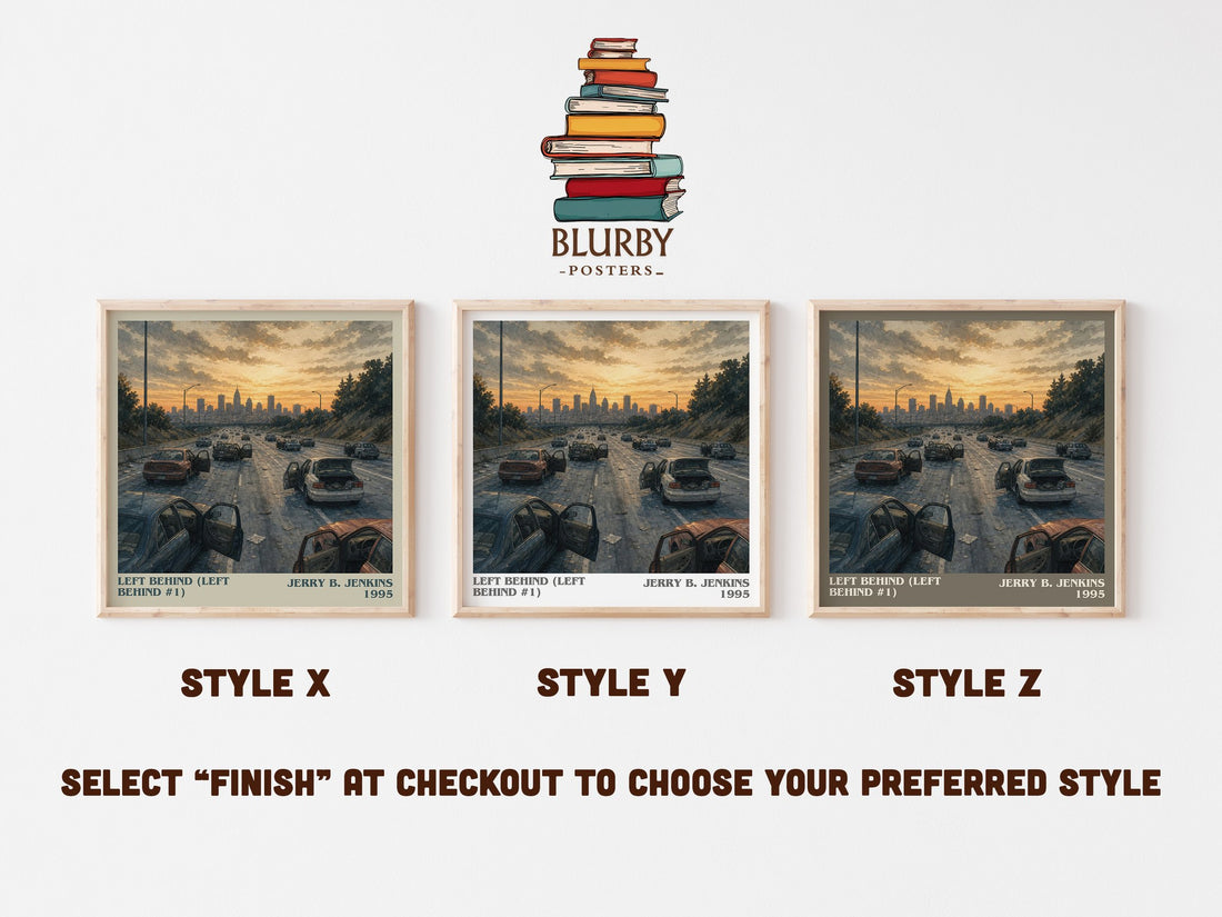 Left Behind (Left Behind #1) literary print in frame leaning in hallway – thriller wall art (mockup)