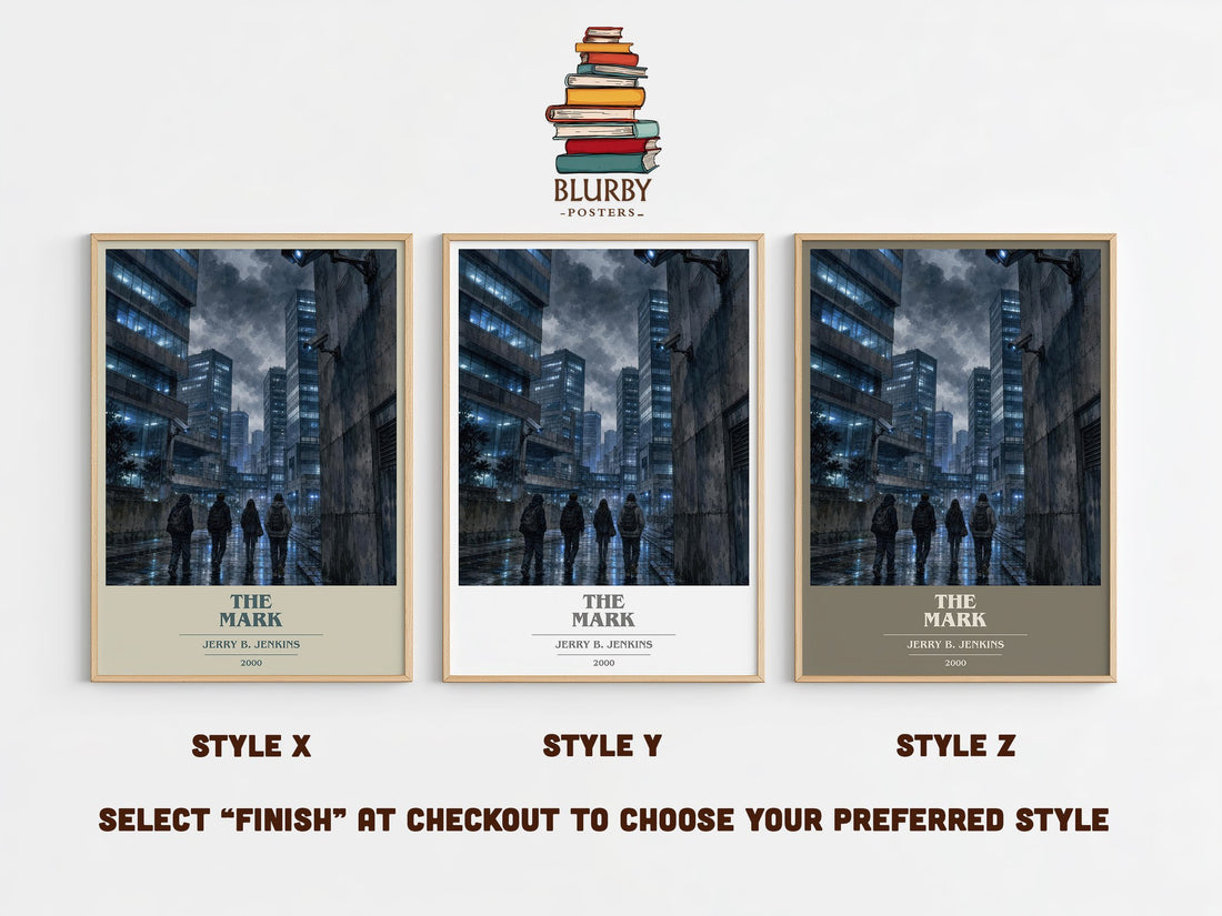 The Mark book cover print in frame leaning in hallway – thriller wall art (mockup)