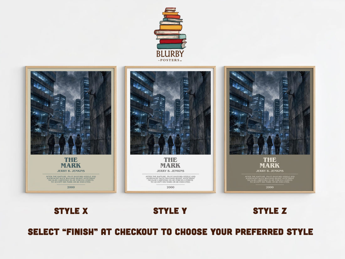 The Mark bookish print in frame leaning in hallway – thriller wall art (mockup)