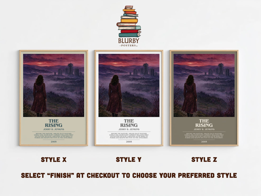 The Rising bookish print in frame leaning in hallway – thriller wall art (mockup)