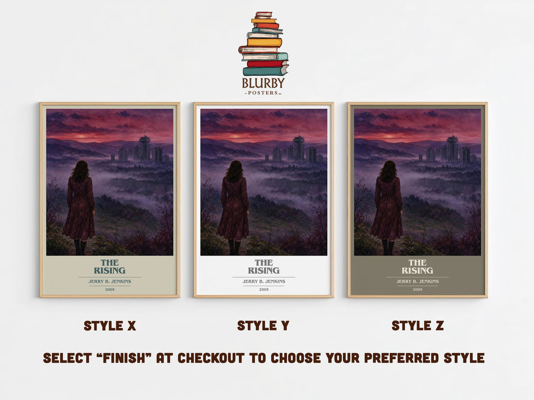The Rising book cover print in frame leaning in hallway – thriller wall art (mockup)