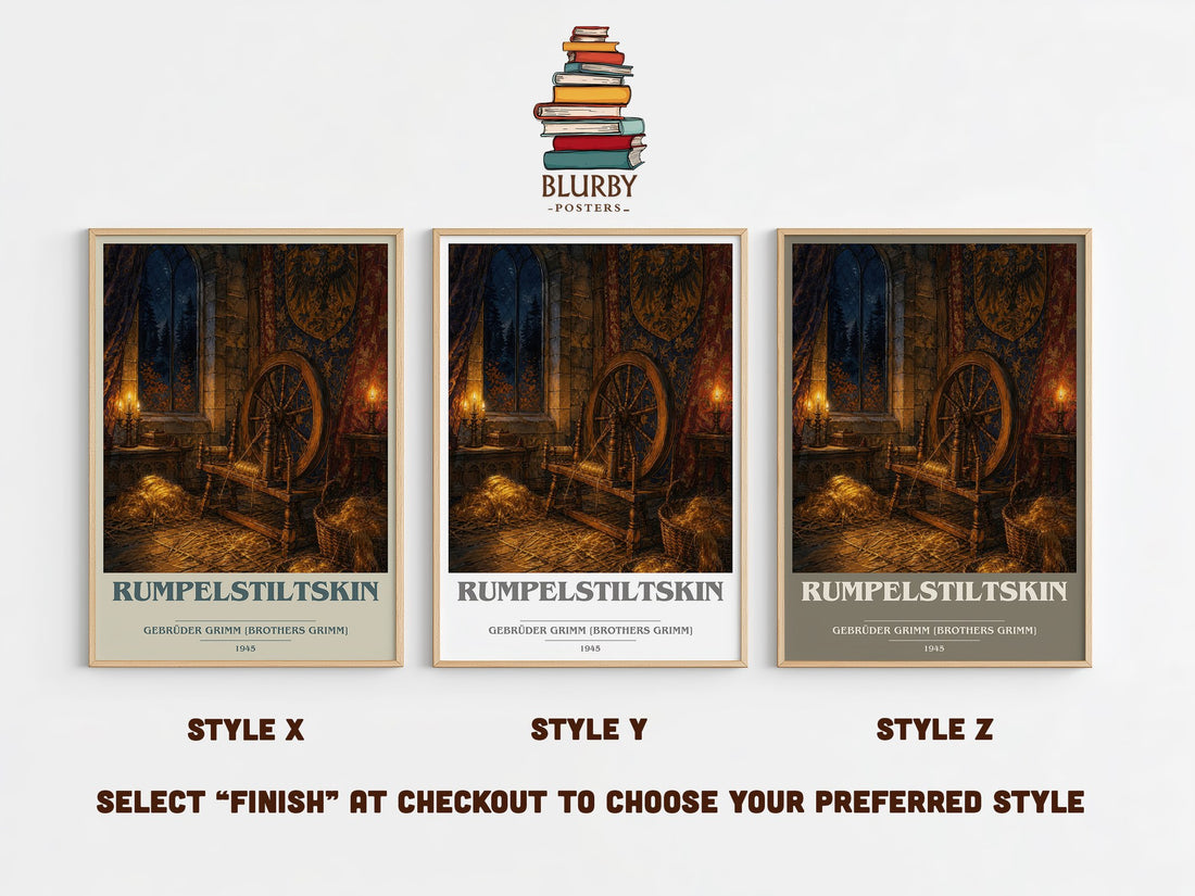 Rumpelstiltskin book cover print in frame leaning in hallway – childrens wall art (mockup)