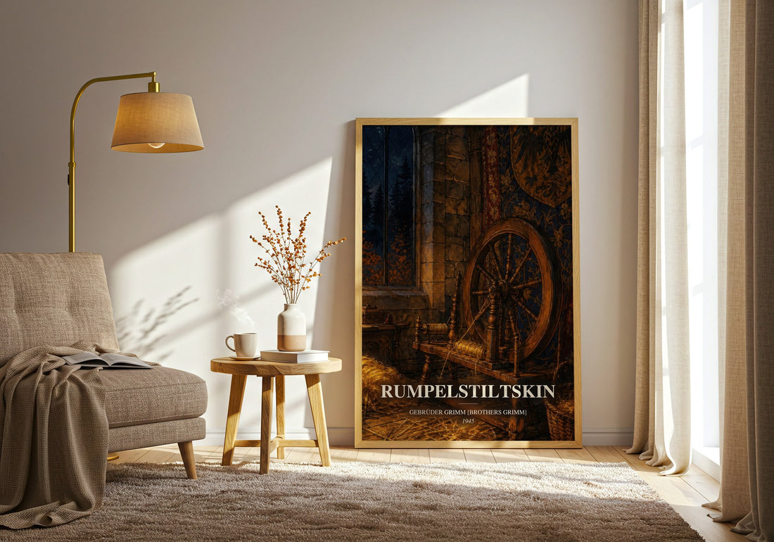 Rumpelstiltskin watercolour print in frame leaning in hallway – childrens wall art
